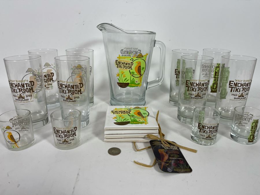 Disneyland Enchanted Tiki Room Lot Featuring (8) Glasses, (4) Shot Glasses, Pitcher And Limited Edition Of 600 Coasters Retails $123 [Photo 11]
