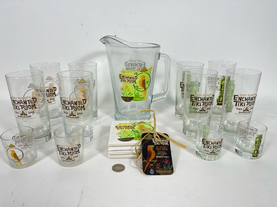 Disneyland Enchanted Tiki Room Lot Featuring (8) Glasses, (4) Shot Glasses, Pitcher And Limited Edition Of 600 Coasters Retails $123 [Photo 2]