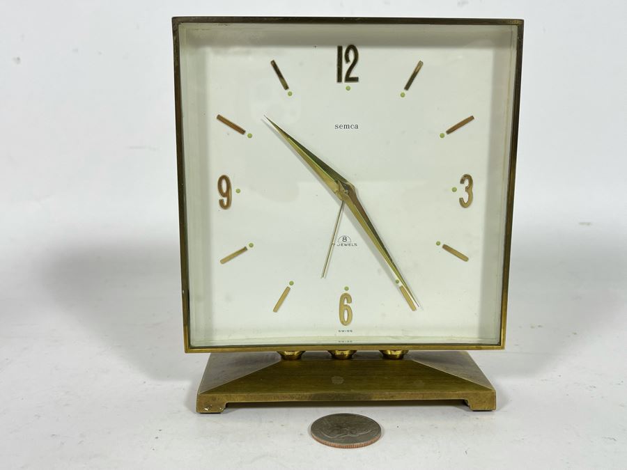 Mid-Century Modern Brass Desk Clock By Semca Untested Sold For Display Only 5W X 5.5H [Photo 2]