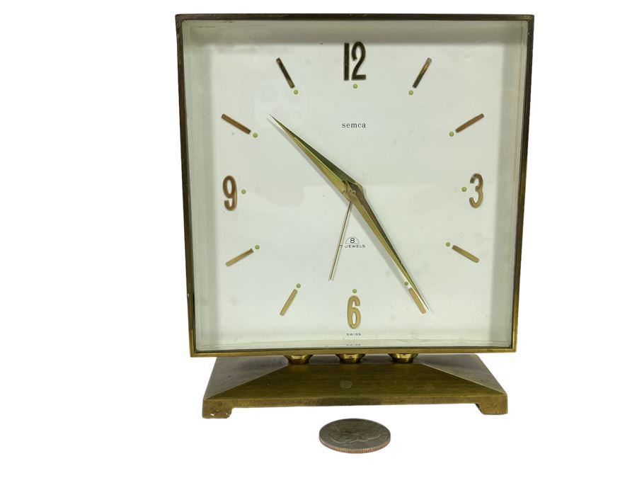 Mid-Century Modern Brass Desk Clock By Semca Untested Sold For Display Only 5W X 5.5H [Photo 1]
