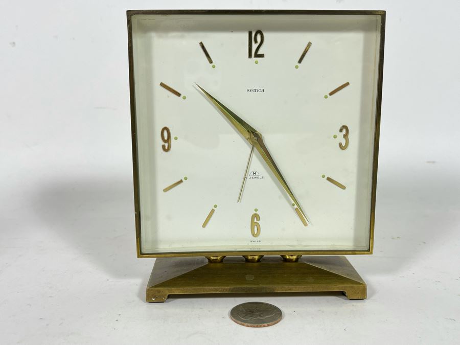 Mid-Century Modern Brass Desk Clock By Semca Untested Sold For Display Only 5W X 5.5H [Photo 3]