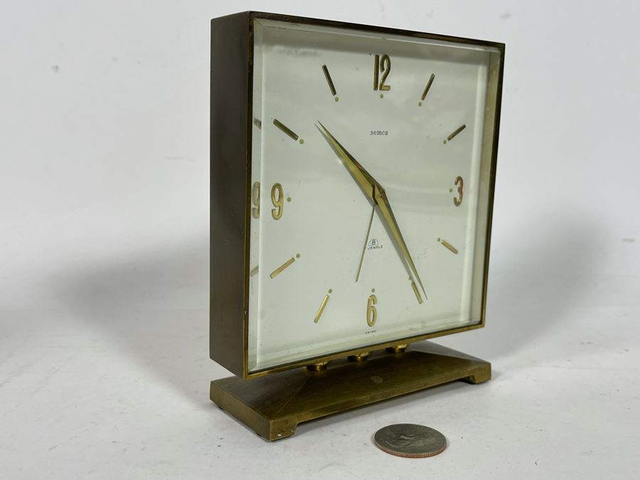 Mid-Century Modern Brass Desk Clock By Semca Untested Sold For Display Only 5W X 5.5H [Photo 4]