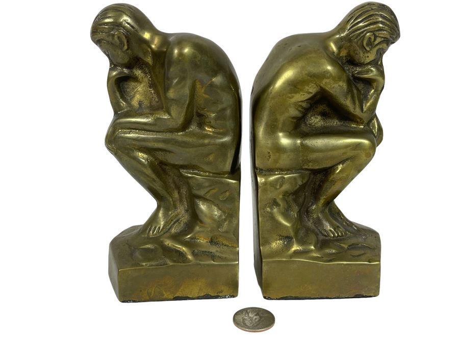 Vintage Brass The Thinker Thinking Man After Auguste Rodin Bookends 7H [Photo 1]