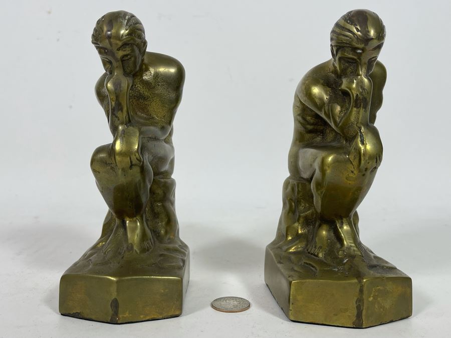 Vintage Brass The Thinker Thinking Man After Auguste Rodin Bookends 7H [Photo 6]