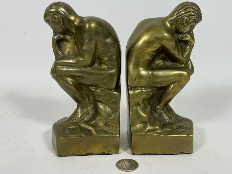 Vintage Brass The Thinker Thinking Man After Auguste Rodin Bookends 7H [Photo 3]