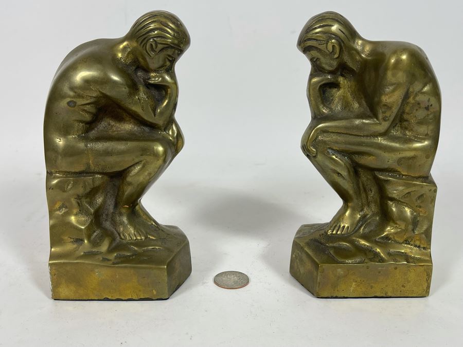 Vintage Brass The Thinker Thinking Man After Auguste Rodin Bookends 7H [Photo 7]