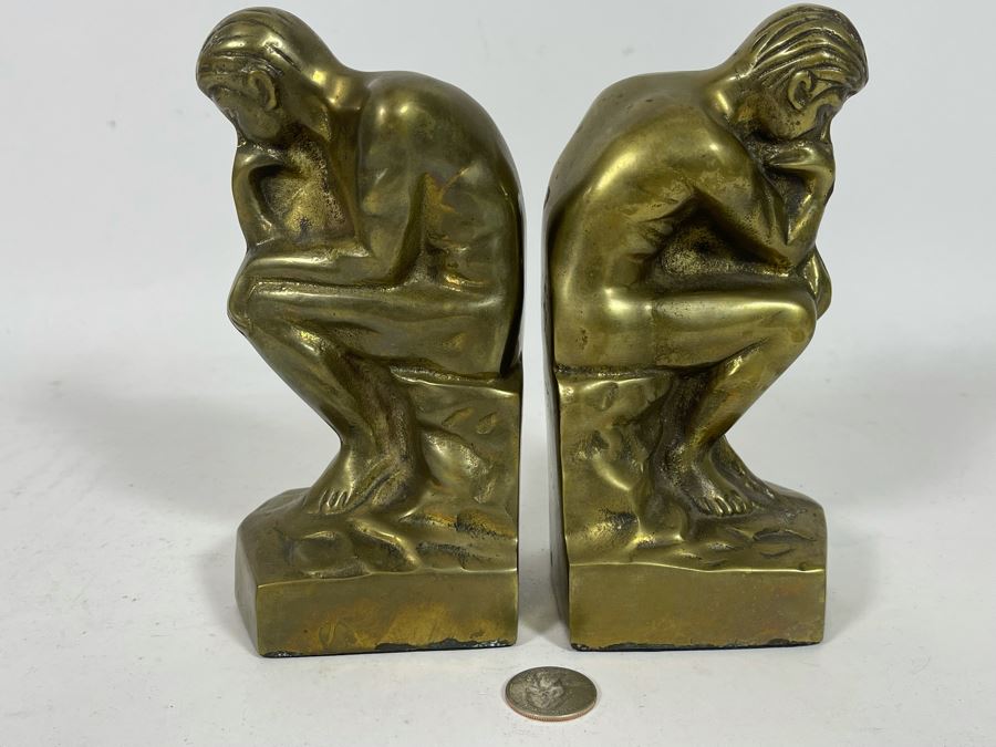 Vintage Brass The Thinker Thinking Man After Auguste Rodin Bookends 7H [Photo 2]