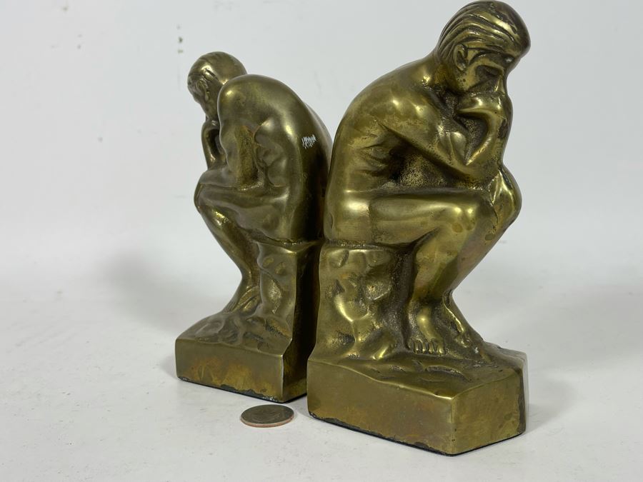 Vintage Brass The Thinker Thinking Man After Auguste Rodin Bookends 7H [Photo 4]
