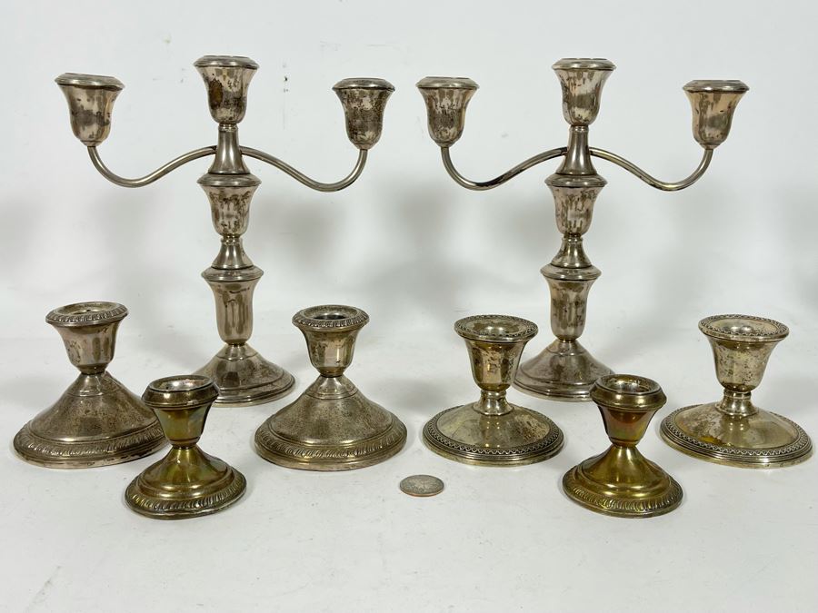 Pair Of Weighted Sterling Silver Candelabras 9H And Six Weighted Sterling Silver Candle Holders [Photo 3]