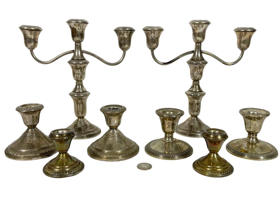 Pair Of Weighted Sterling Silver Candelabras 9H And Six Weighted Sterling Silver Candle Holders