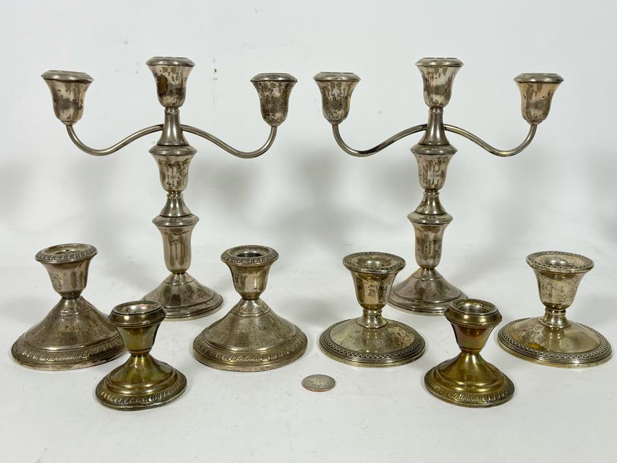 Pair Of Weighted Sterling Silver Candelabras 9H And Six Weighted Sterling Silver Candle Holders [Photo 2]