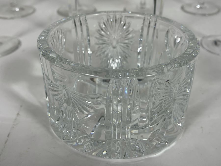 Set Of Eight Waterford Crystal Millennium Series Champaign Flutes 9 1/4”: (2) Happiness, (2) Love, (2) Health, (2) Prosperity Plus Champagne/Wine Bottle Coaster - Replacements Value Of $830 [Photo 8]
