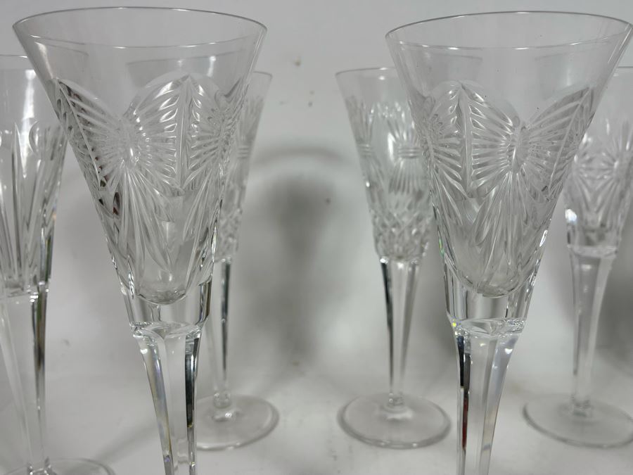 Set Of Eight Waterford Crystal Millennium Series Champaign Flutes 9 1/4”: (2) Happiness, (2) Love, (2) Health, (2) Prosperity Plus Champagne/Wine Bottle Coaster - Replacements Value Of $830 [Photo 16]