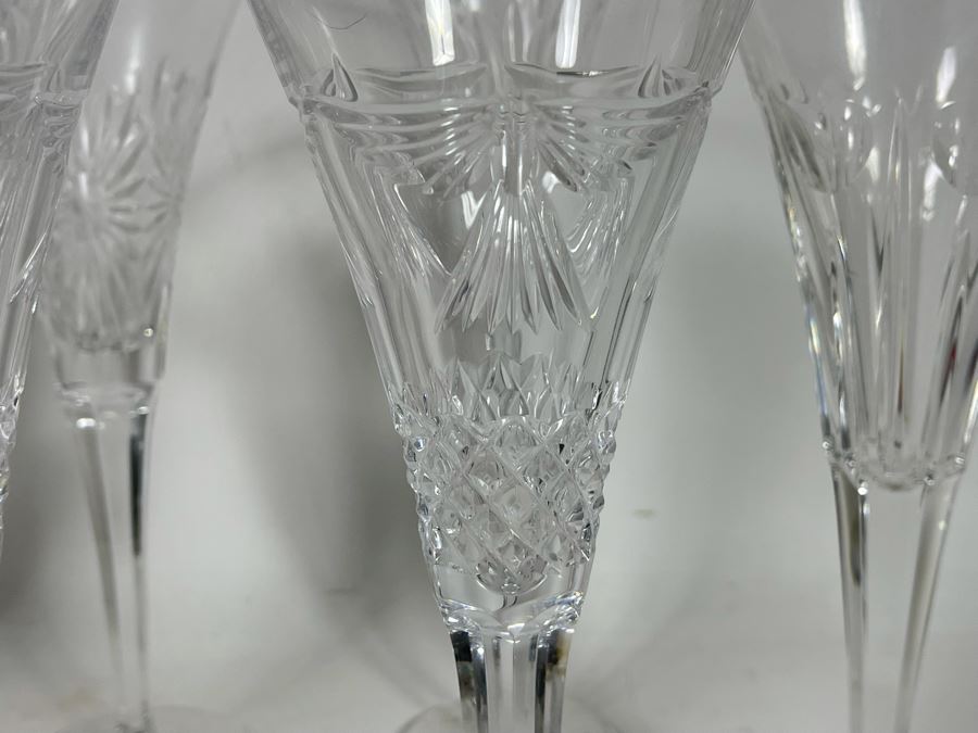 Set Of Eight Waterford Crystal Millennium Series Champaign Flutes 9 1/4”: (2) Happiness, (2) Love, (2) Health, (2) Prosperity Plus Champagne/Wine Bottle Coaster - Replacements Value Of $830 [Photo 14]