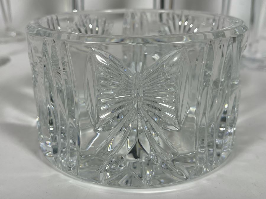 Set Of Eight Waterford Crystal Millennium Series Champaign Flutes 9 1/4”: (2) Happiness, (2) Love, (2) Health, (2) Prosperity Plus Champagne/Wine Bottle Coaster - Replacements Value Of $830 [Photo 11]