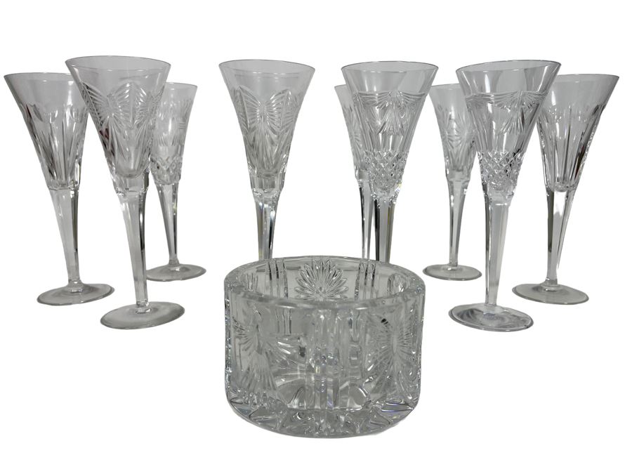 Set Of Eight Waterford Crystal Millennium Series Champaign Flutes 9 1/4”: (2) Happiness, (2) Love, (2) Health, (2) Prosperity Plus Champagne/Wine Bottle Coaster - Replacements Value Of $830