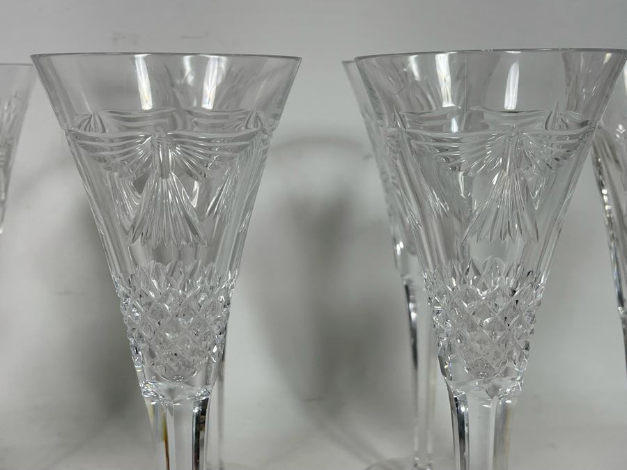 Set Of Eight Waterford Crystal Millennium Series Champaign Flutes 9 1/4”: (2) Happiness, (2) Love, (2) Health, (2) Prosperity Plus Champagne/Wine Bottle Coaster - Replacements Value Of $830 [Photo 13]