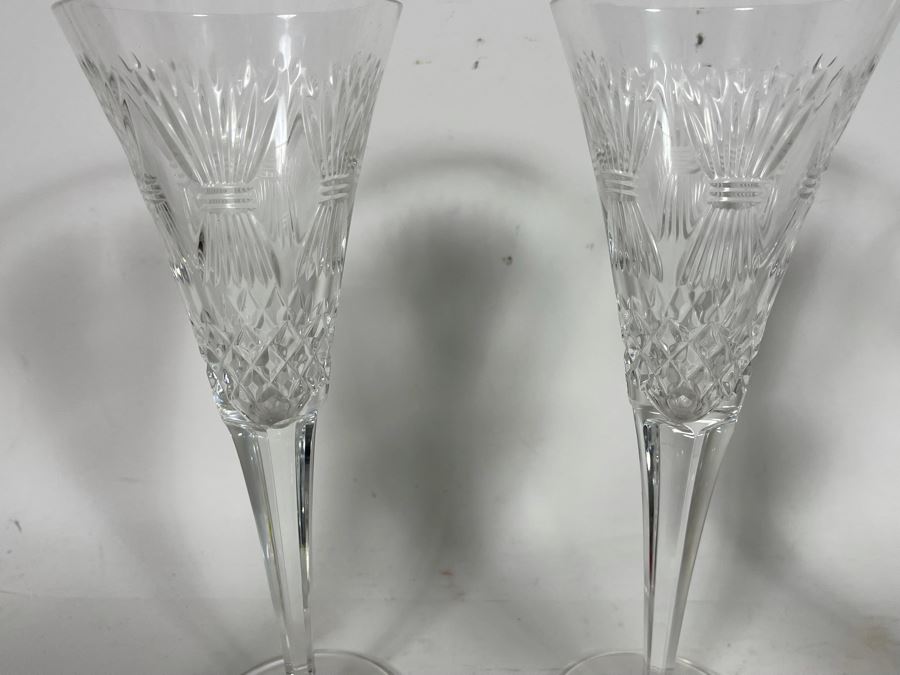 Set Of Eight Waterford Crystal Millennium Series Champaign Flutes 9 1/4”: (2) Happiness, (2) Love, (2) Health, (2) Prosperity Plus Champagne/Wine Bottle Coaster - Replacements Value Of $830 [Photo 18]
