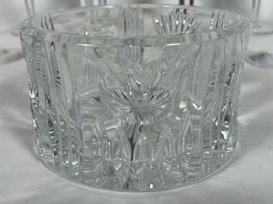 Set Of Eight Waterford Crystal Millennium Series Champaign Flutes 9 1/4”: (2) Happiness, (2) Love, (2) Health, (2) Prosperity Plus Champagne/Wine Bottle Coaster - Replacements Value Of $830 [Photo 10]