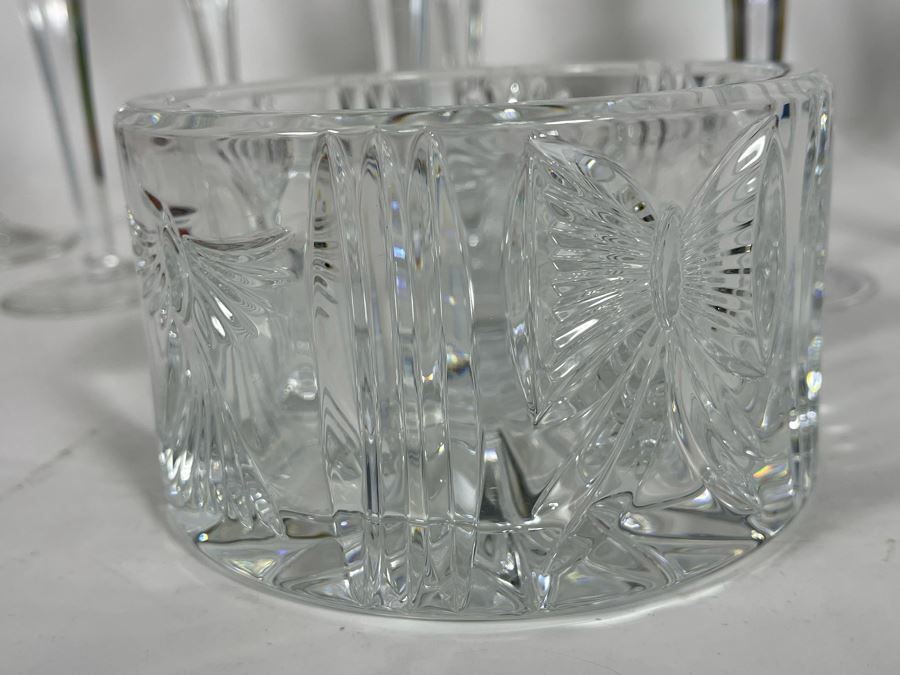 Set Of Eight Waterford Crystal Millennium Series Champaign Flutes 9 1/4”: (2) Happiness, (2) Love, (2) Health, (2) Prosperity Plus Champagne/Wine Bottle Coaster - Replacements Value Of $830 [Photo 6]