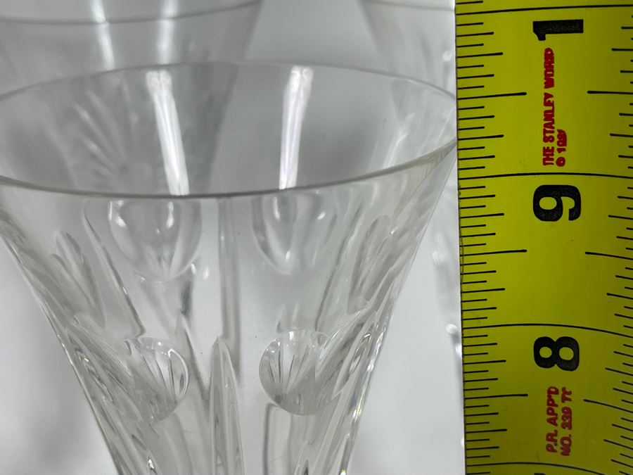 Set Of Eight Waterford Crystal Millennium Series Champaign Flutes 9 1/4”: (2) Happiness, (2) Love, (2) Health, (2) Prosperity Plus Champagne/Wine Bottle Coaster - Replacements Value Of $830 [Photo 22]