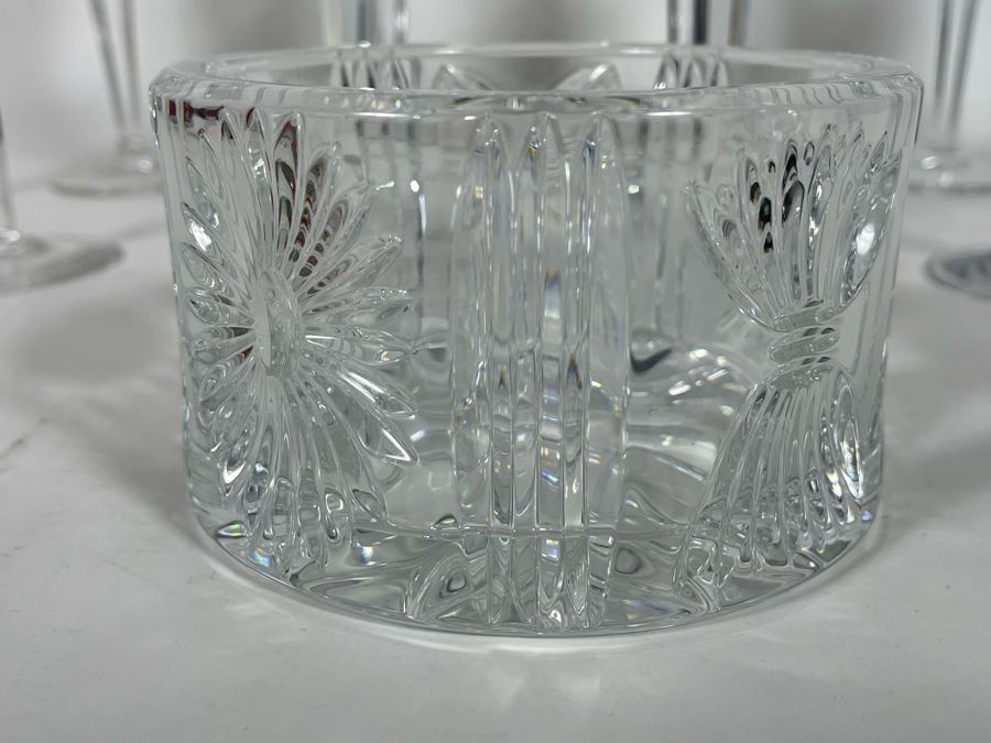 Set Of Eight Waterford Crystal Millennium Series Champaign Flutes 9 1/4”: (2) Happiness, (2) Love, (2) Health, (2) Prosperity Plus Champagne/Wine Bottle Coaster - Replacements Value Of $830 [Photo 9]