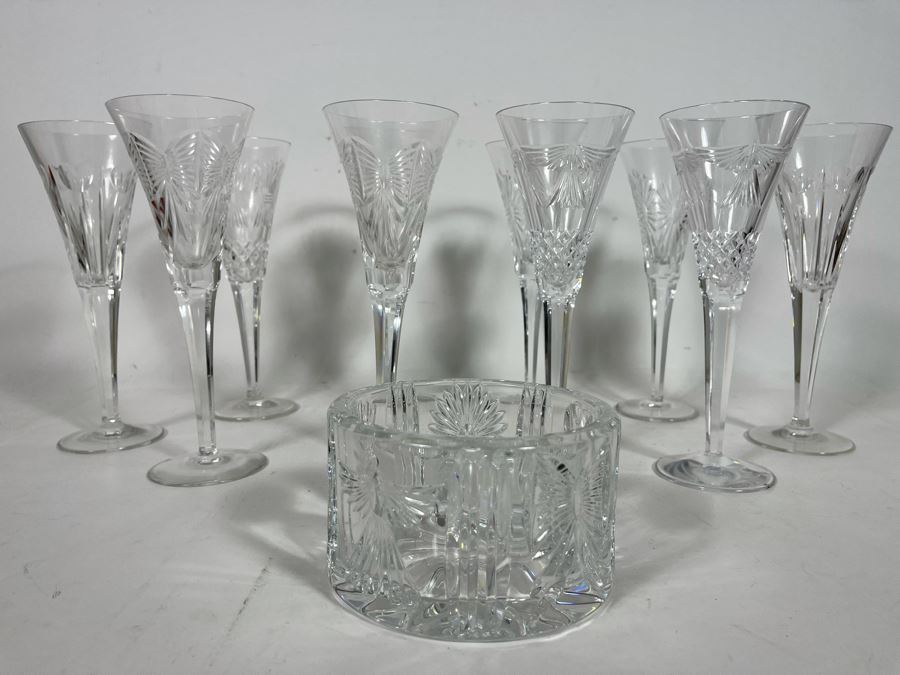 Set Of Eight Waterford Crystal Millennium Series Champaign Flutes 9 1/4”: (2) Happiness, (2) Love, (2) Health, (2) Prosperity Plus Champagne/Wine Bottle Coaster - Replacements Value Of $830 [Photo 3]