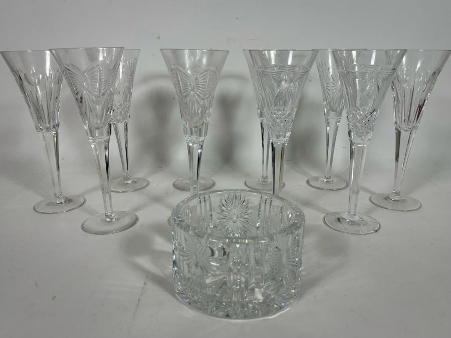 Set Of Eight Waterford Crystal Millennium Series Champaign Flutes 9 1/4”: (2) Happiness, (2) Love, (2) Health, (2) Prosperity Plus Champagne/Wine Bottle Coaster - Replacements Value Of $830 [Photo 5]