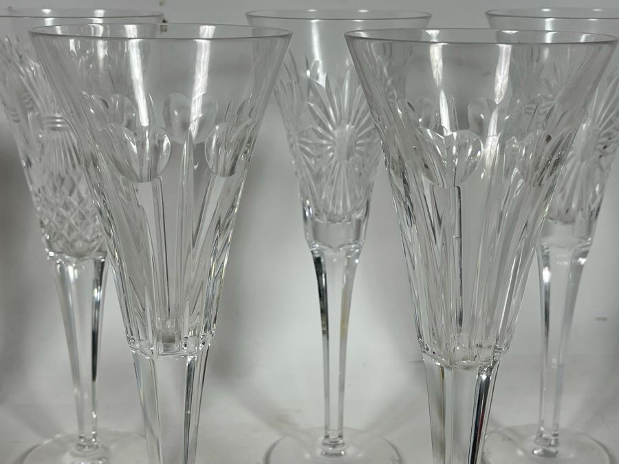Set Of Eight Waterford Crystal Millennium Series Champaign Flutes 9 1/4”: (2) Happiness, (2) Love, (2) Health, (2) Prosperity Plus Champagne/Wine Bottle Coaster - Replacements Value Of $830 [Photo 21]