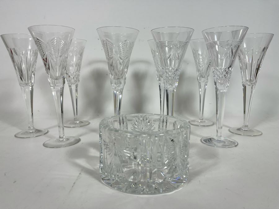 Set Of Eight Waterford Crystal Millennium Series Champaign Flutes 9 1/4”: (2) Happiness, (2) Love, (2) Health, (2) Prosperity Plus Champagne/Wine Bottle Coaster - Replacements Value Of $830 [Photo 4]