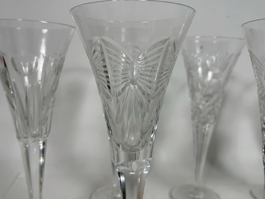 Set Of Eight Waterford Crystal Millennium Series Champaign Flutes 9 1/4”: (2) Happiness, (2) Love, (2) Health, (2) Prosperity Plus Champagne/Wine Bottle Coaster - Replacements Value Of $830 [Photo 17]