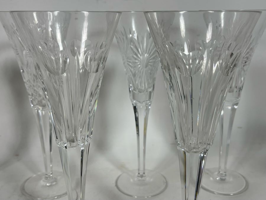 Set Of Eight Waterford Crystal Millennium Series Champaign Flutes 9 1/4”: (2) Happiness, (2) Love, (2) Health, (2) Prosperity Plus Champagne/Wine Bottle Coaster - Replacements Value Of $830 [Photo 20]