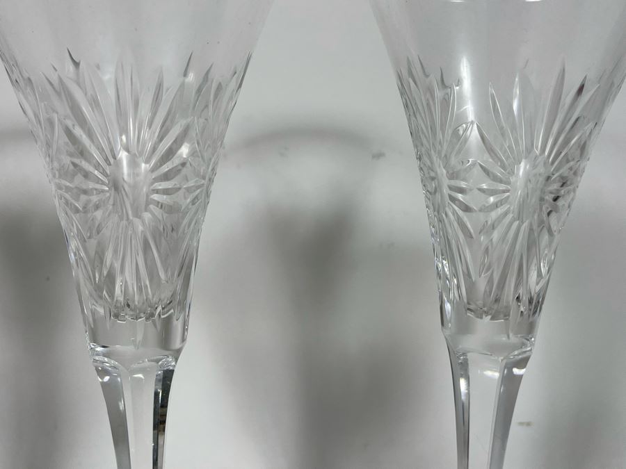 Set Of Eight Waterford Crystal Millennium Series Champaign Flutes 9 1/4”: (2) Happiness, (2) Love, (2) Health, (2) Prosperity Plus Champagne/Wine Bottle Coaster - Replacements Value Of $830 [Photo 19]