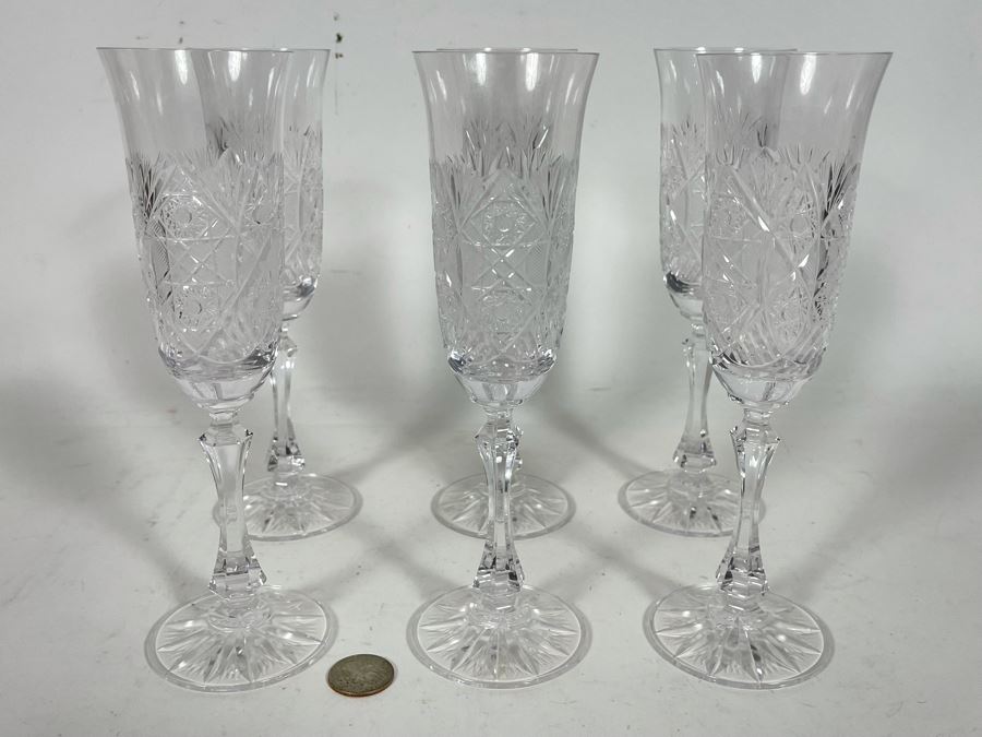 (6) Cut Crystal Stemware Champagne Flutes 8 5/8 [Photo 2]