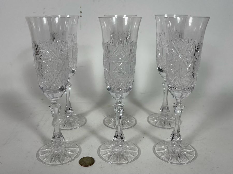 (6) Cut Crystal Stemware Champagne Flutes 8 5/8 [Photo 3]