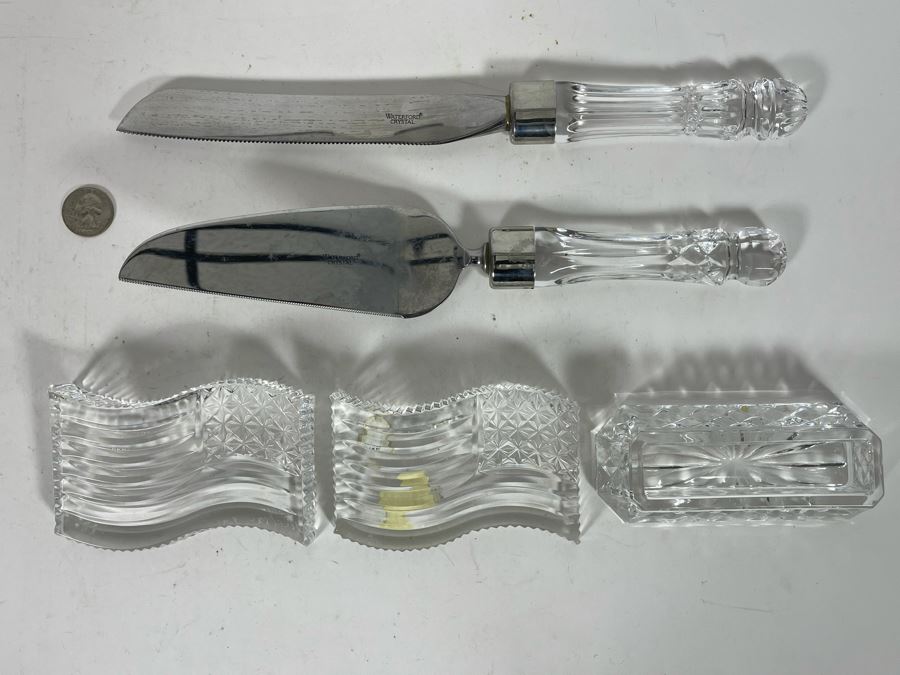 Waterford Crystal Wedding Cake Knife & Server Set, Pair Of Waterford US Flag Paperweight And Waterford Business Card Holder [Photo 3]