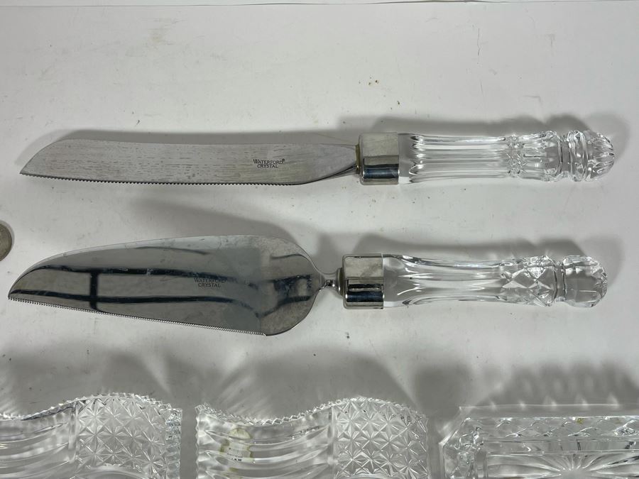 Waterford Crystal Wedding Cake Knife & Server Set, Pair Of Waterford US Flag Paperweight And Waterford Business Card Holder [Photo 8]