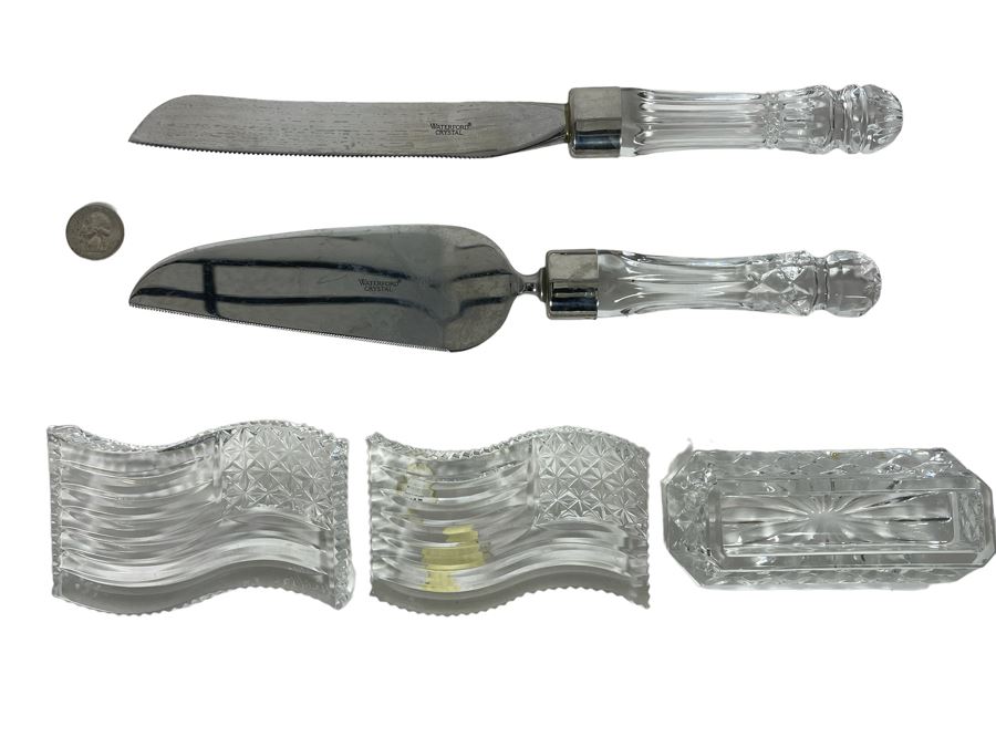 Waterford Crystal Wedding Cake Knife & Server Set, Pair Of Waterford US Flag Paperweight And Waterford Business Card Holder [Photo 1]