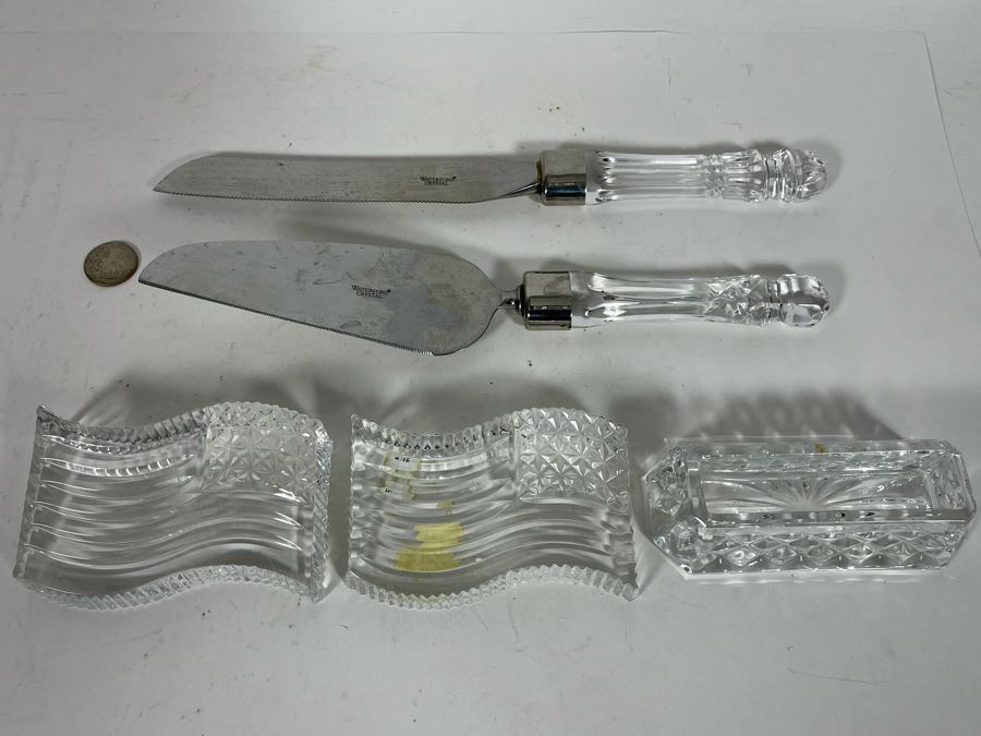Waterford Crystal Wedding Cake Knife & Server Set, Pair Of Waterford US Flag Paperweight And Waterford Business Card Holder [Photo 4]