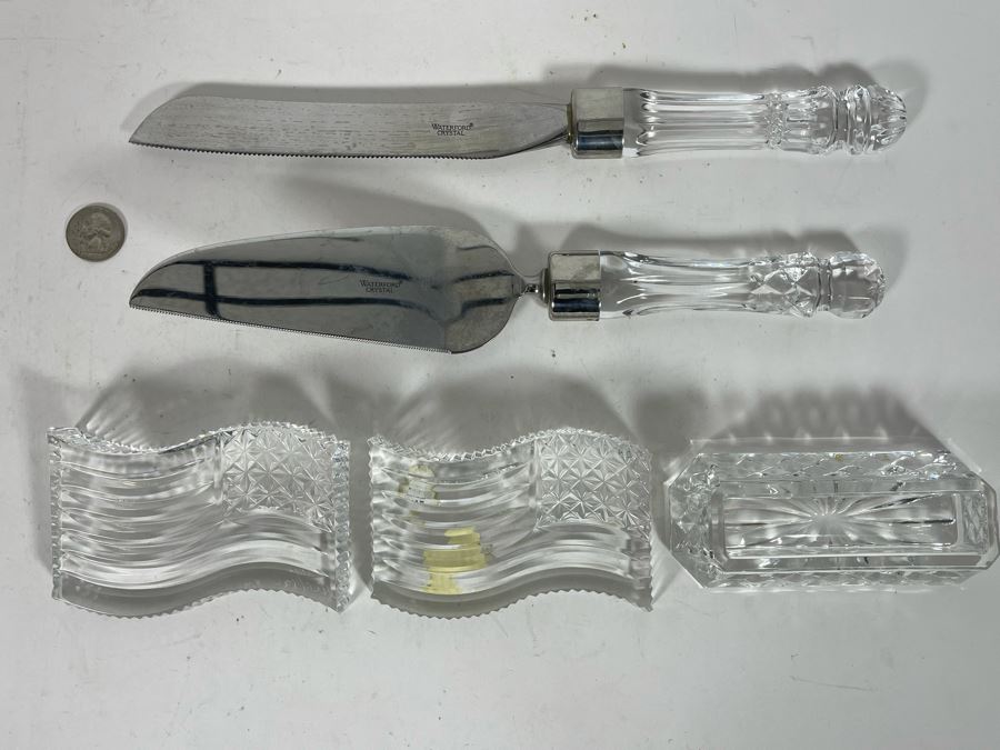 Waterford Crystal Wedding Cake Knife & Server Set, Pair Of Waterford US Flag Paperweight And Waterford Business Card Holder [Photo 2]