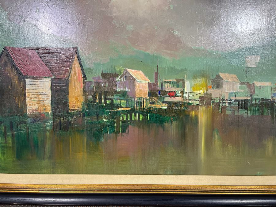 Original Mid-Century Abstract Harbor Wharf Painting On Canvas 36 X 24 Signed By Calderon Framed  [Photo 8]