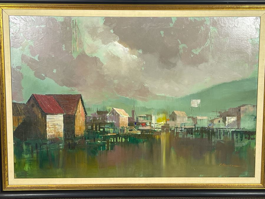 Original Mid-Century Abstract Harbor Wharf Painting On Canvas 36 X 24 Signed By Calderon Framed 
