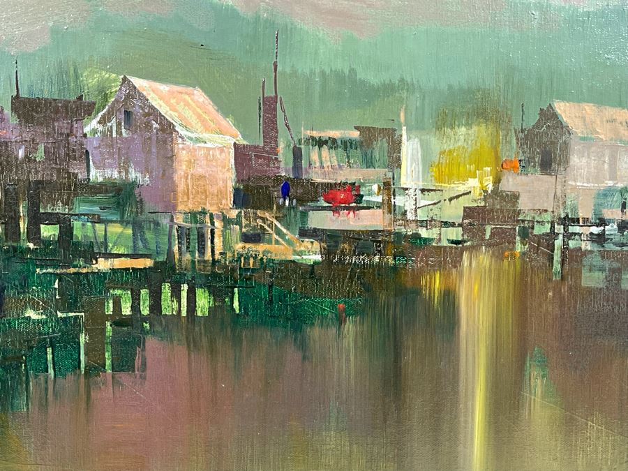 Original Mid Century Abstract Harbor Wharf Painting On Canvas 36 X 24