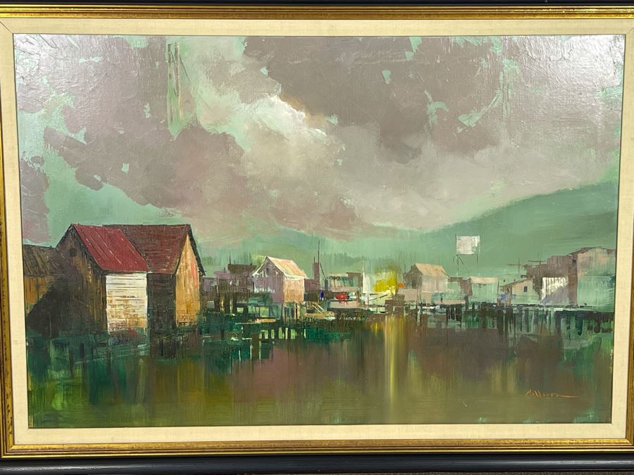 Original Mid-Century Abstract Harbor Wharf Painting On Canvas 36 X 24 Signed By Calderon Framed  [Photo 3]