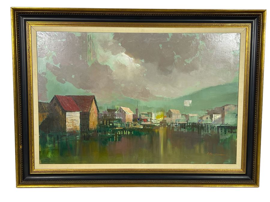 Original Mid-Century Abstract Harbor Wharf Painting On Canvas 36 X 24 Signed By Calderon Framed  [Photo 2]