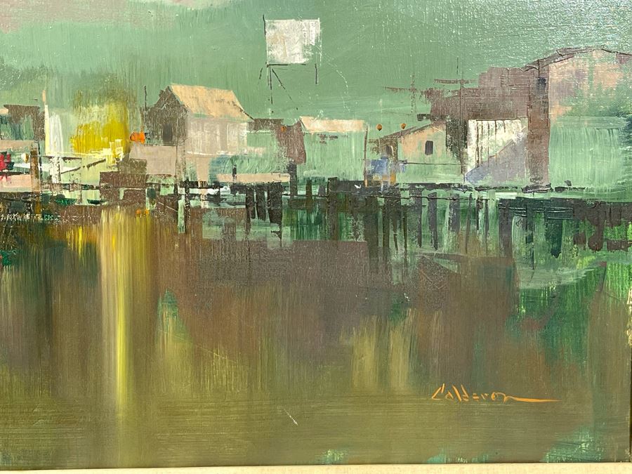 Original Mid-Century Abstract Harbor Wharf Painting On Canvas 36 X 24 Signed By Calderon Framed  [Photo 5]