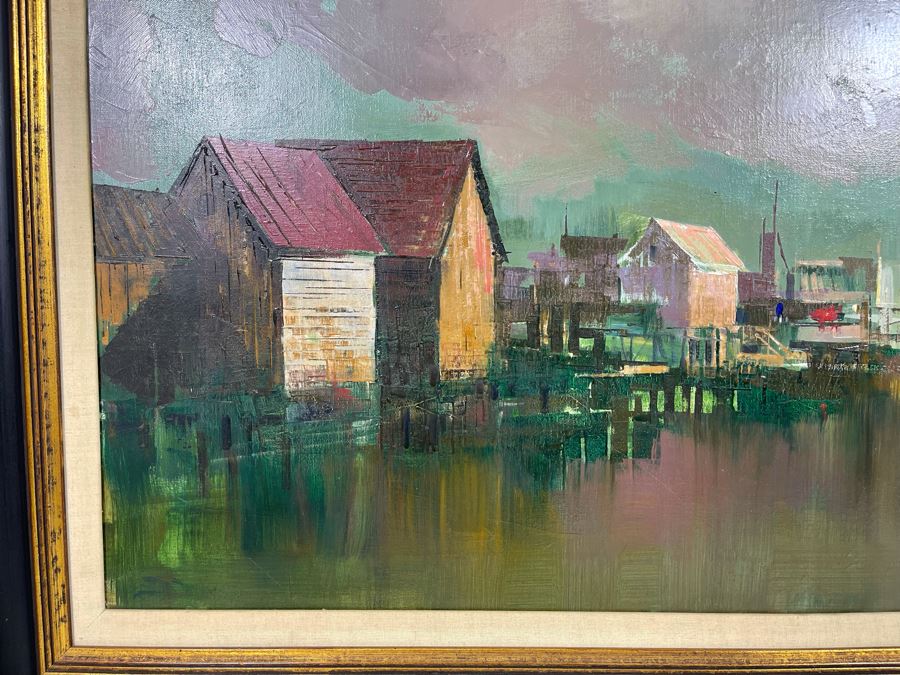 Original Mid-Century Abstract Harbor Wharf Painting On Canvas 36 X 24 Signed By Calderon Framed  [Photo 9]