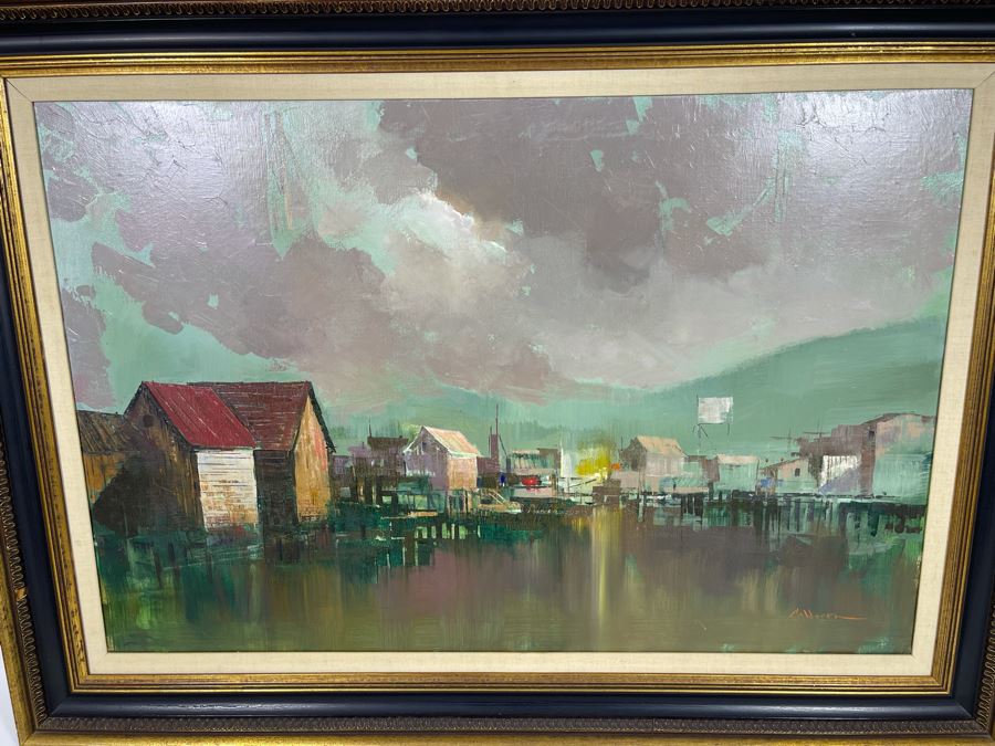 Original Mid-Century Abstract Harbor Wharf Painting On Canvas 36 X 24 Signed By Calderon Framed  [Photo 10]