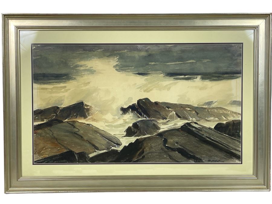 Original Walter Bollendonk (1897-1977) Ocean Watercolor Painting On Paper 28 X 16 Signed Bollendonk Framed 36 X 24 [Photo 2]