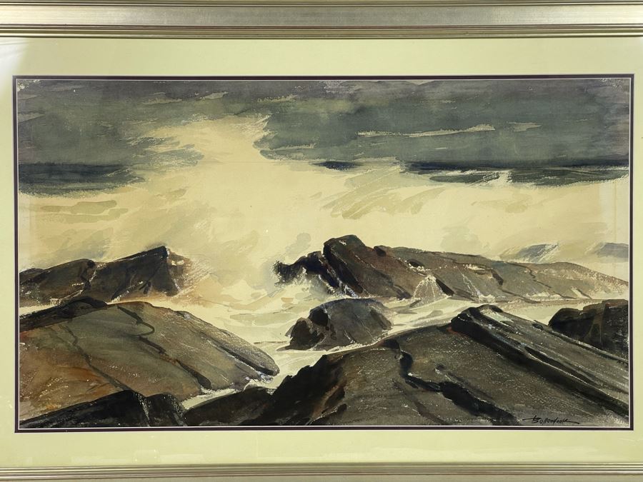 Original Walter Bollendonk (1897-1977) Ocean Watercolor Painting On Paper 28 X 16 Signed Bollendonk Framed 36 X 24